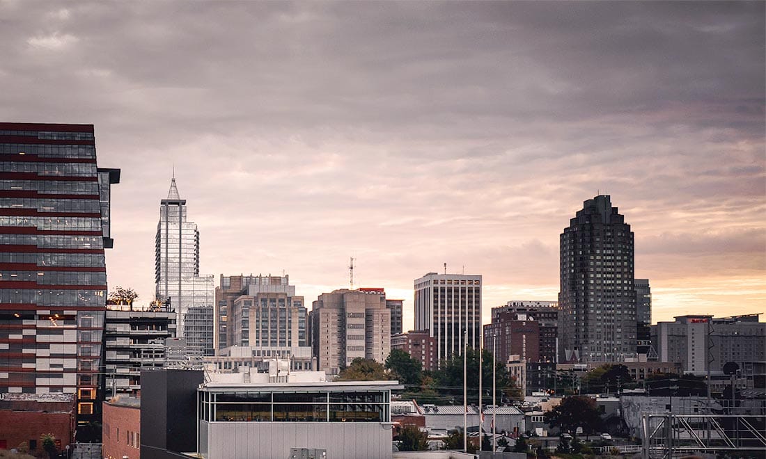 A blurry city skyline with tall buildings near a waterfront under an overcast sky.
